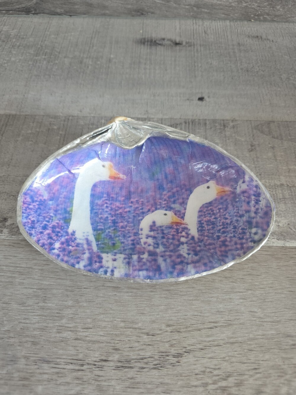 Decoupaged Seashell Coastal Purple Floral Geese Holder Display Artist g24d5